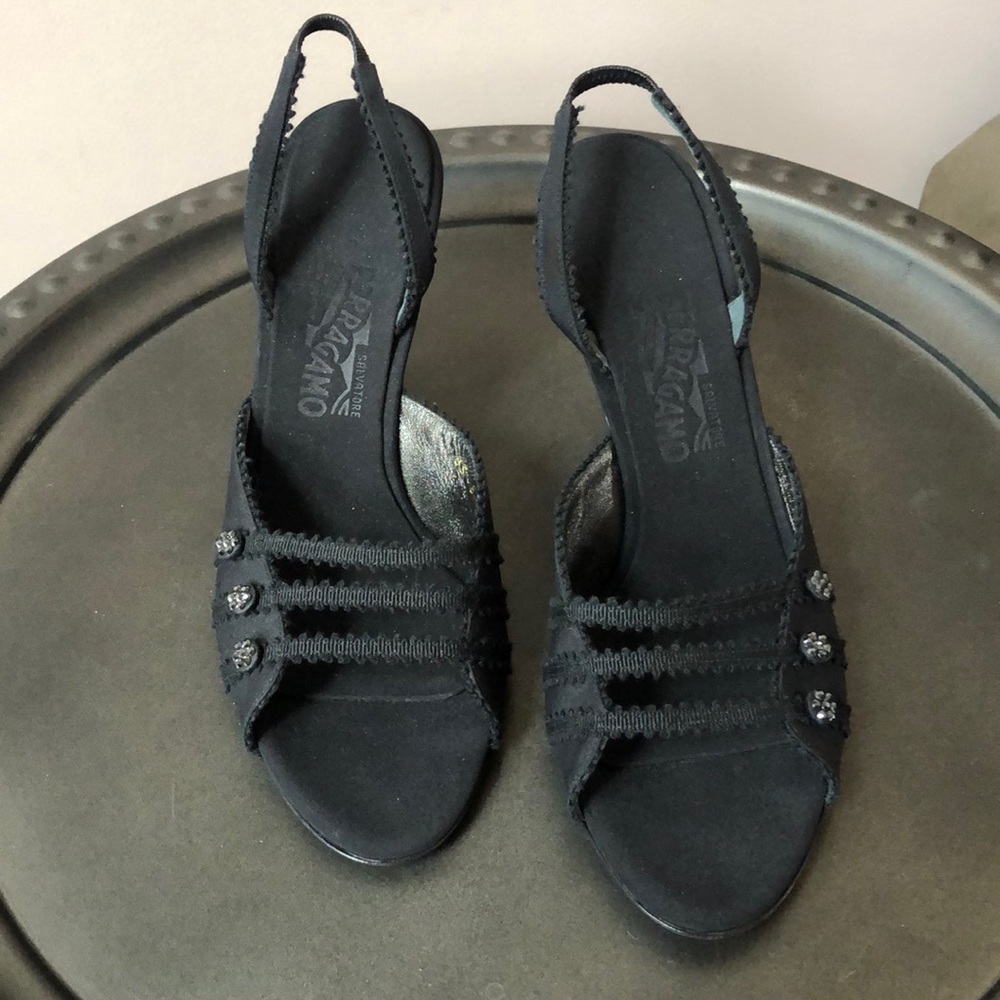 Salvatore Ferragamo Women’s Black 3” Slingback Heels Triple Front Straps Jewels